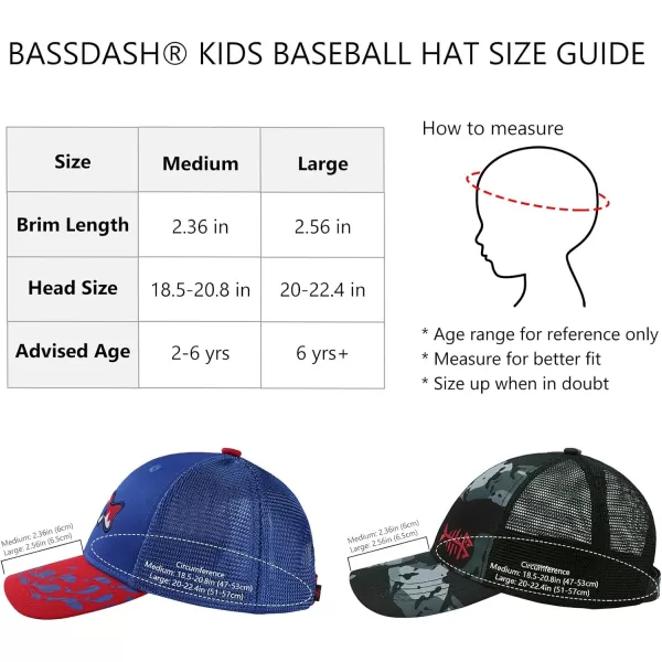 BASSDASH Kids Youth Fishing Sun Hat Mesh Back Adjustable Baseball Trucker Cap for Boys Girls Toddler 2 PackRoyal Blue and Red  Black Camo