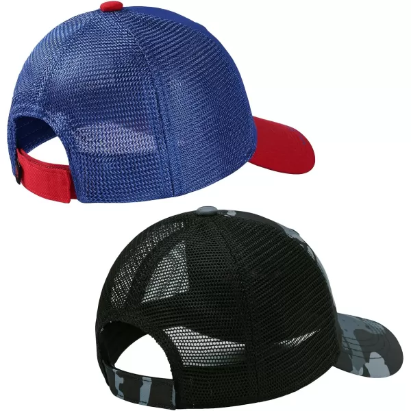 BASSDASH Kids Youth Fishing Sun Hat Mesh Back Adjustable Baseball Trucker Cap for Boys Girls Toddler 2 PackRoyal Blue and Red  Black Camo