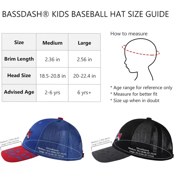 BASSDASH Kids Youth Fishing Sun Hat Mesh Back Adjustable Baseball Trucker Cap for Boys Girls Toddler 2 PackRoyal Blue and Red  Black and Grey