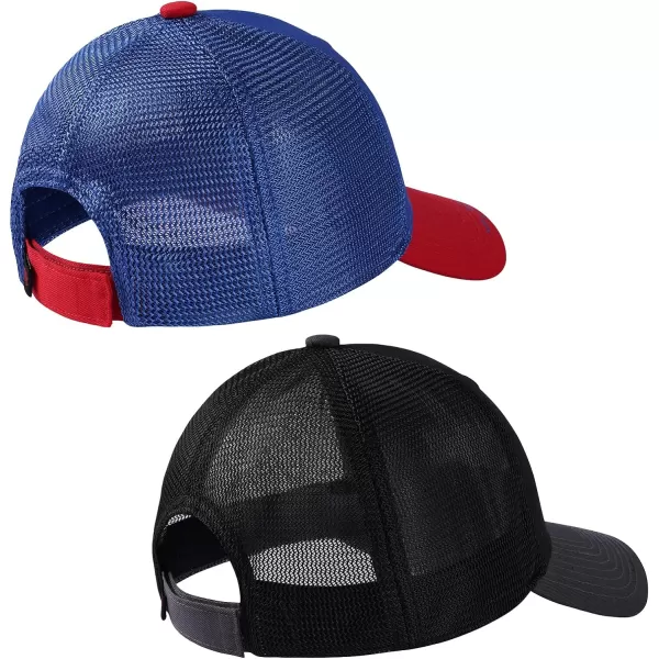 BASSDASH Kids Youth Fishing Sun Hat Mesh Back Adjustable Baseball Trucker Cap for Boys Girls Toddler 2 PackRoyal Blue and Red  Black and Grey