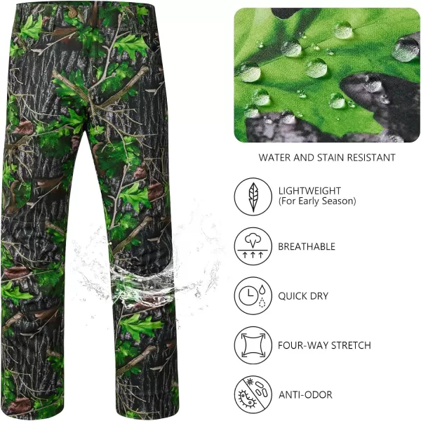 BASSDASH Mens Lightweight Hunting Pants 4Way Stretch Breathable Water Resistant for Turkey Early Season Spring SummerGreen Leaf