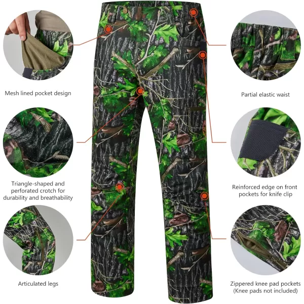 BASSDASH Mens Lightweight Hunting Pants 4Way Stretch Breathable Water Resistant for Turkey Early Season Spring SummerGreen Leaf