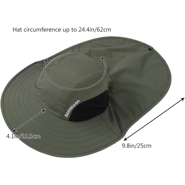 BASSDASH UPF 50 Unisex Water Resistant Wide Brim Sun Hat with Large Neck Flap Ponytail Fishing Hat for Men WomenArmy Green