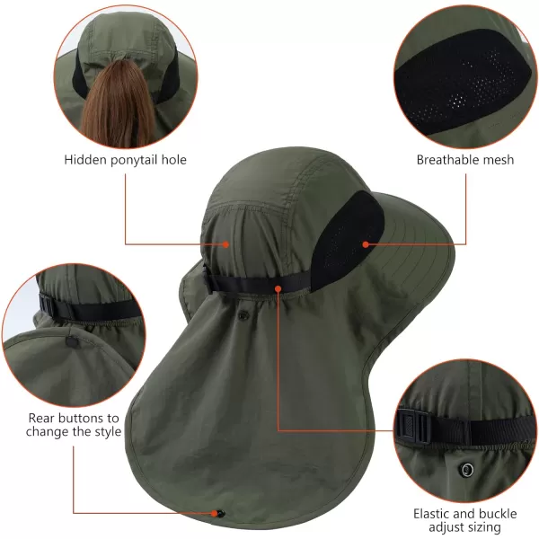 BASSDASH UPF 50 Unisex Water Resistant Wide Brim Sun Hat with Large Neck Flap Ponytail Fishing Hat for Men WomenArmy Green