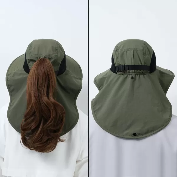 BASSDASH UPF 50 Unisex Water Resistant Wide Brim Sun Hat with Large Neck Flap Ponytail Fishing Hat for Men WomenArmy Green