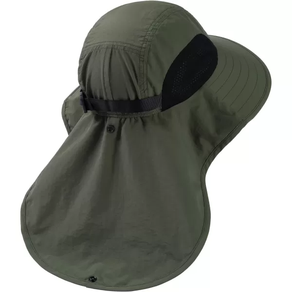 BASSDASH UPF 50 Unisex Water Resistant Wide Brim Sun Hat with Large Neck Flap Ponytail Fishing Hat for Men WomenArmy Green