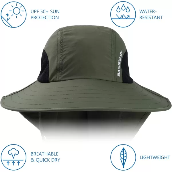 BASSDASH UPF 50 Unisex Water Resistant Wide Brim Sun Hat with Large Neck Flap Ponytail Fishing Hat for Men WomenArmy Green