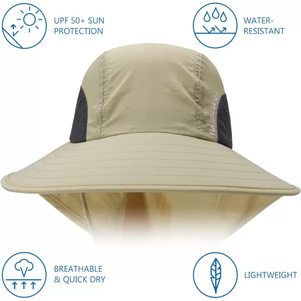 BASSDASH UPF 50 Unisex Water Resistant Wide Brim Sun Hat with Large Neck Flap Ponytail Fishing Hat for Men WomenCream