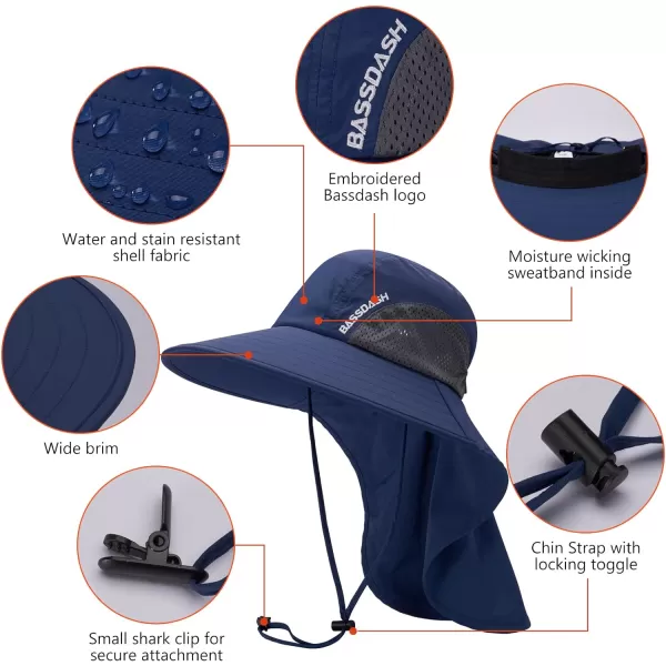 BASSDASH UPF 50 Unisex Water Resistant Wide Brim Sun Hat with Large Neck Flap Ponytail Fishing Hat for Men WomenDark Blue