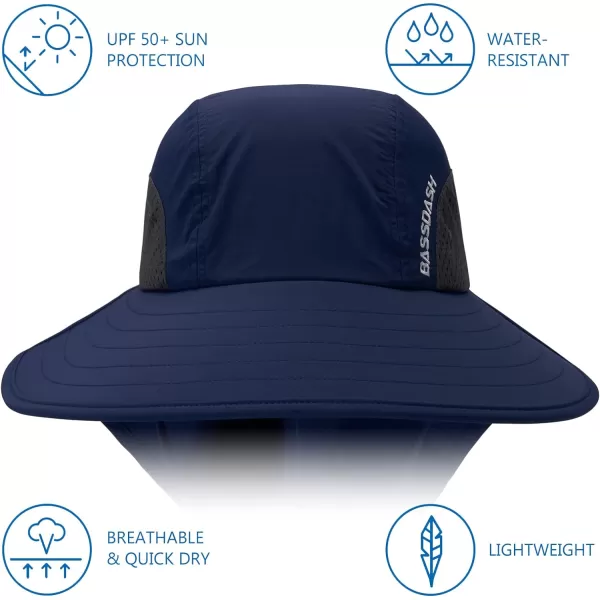 BASSDASH UPF 50 Unisex Water Resistant Wide Brim Sun Hat with Large Neck Flap Ponytail Fishing Hat for Men WomenDark Blue