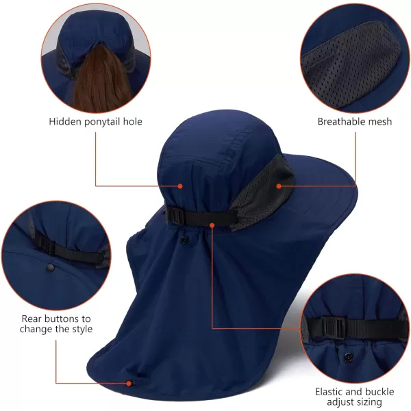 BASSDASH UPF 50 Unisex Water Resistant Wide Brim Sun Hat with Large Neck Flap Ponytail Fishing Hat for Men WomenDark Blue