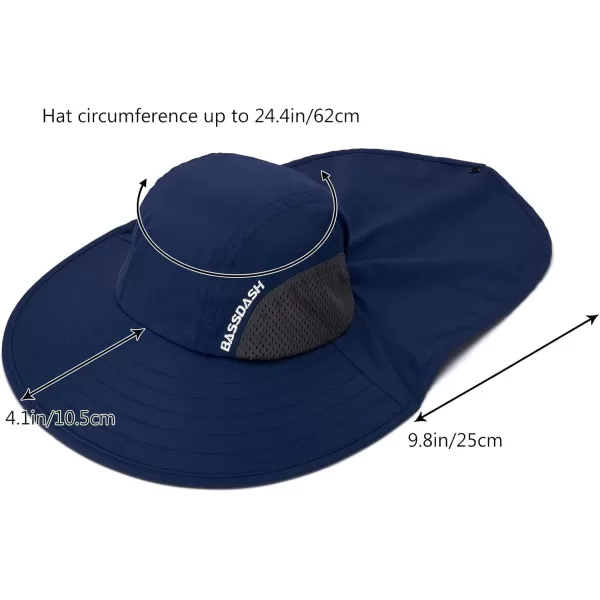 BASSDASH UPF 50 Unisex Water Resistant Wide Brim Sun Hat with Large Neck Flap Ponytail Fishing Hat for Men WomenDark Blue