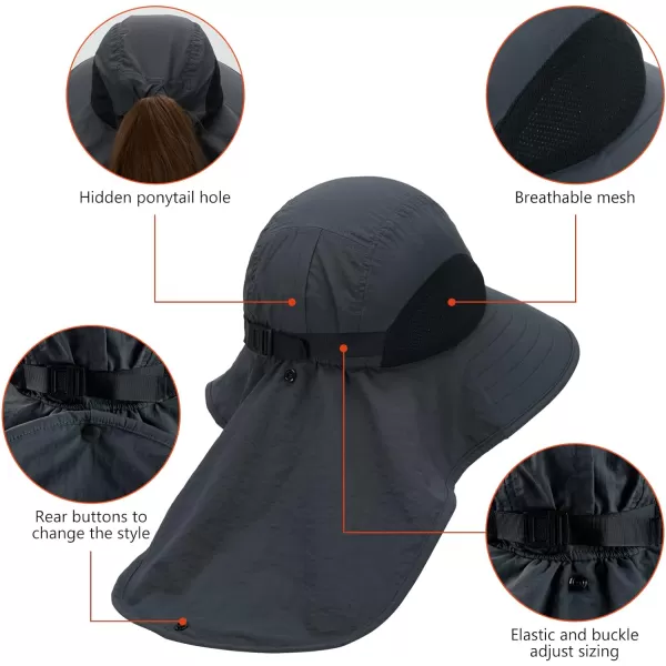 BASSDASH UPF 50 Unisex Water Resistant Wide Brim Sun Hat with Large Neck Flap Ponytail Fishing Hat for Men WomenDark Grey