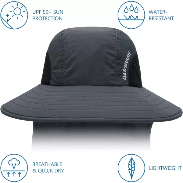 BASSDASH UPF 50 Unisex Water Resistant Wide Brim Sun Hat with Large Neck Flap Ponytail Fishing Hat for Men WomenDark Grey