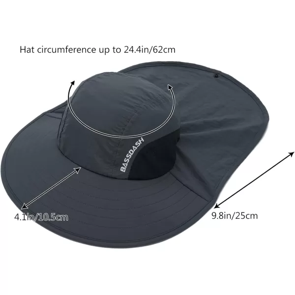 BASSDASH UPF 50 Unisex Water Resistant Wide Brim Sun Hat with Large Neck Flap Ponytail Fishing Hat for Men WomenDark Grey