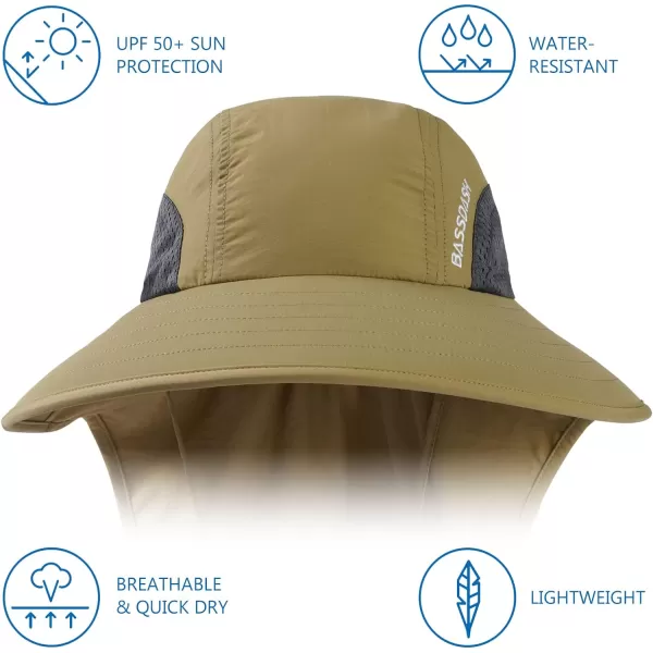 BASSDASH UPF 50 Unisex Water Resistant Wide Brim Sun Hat with Large Neck Flap Ponytail Fishing Hat for Men WomenDark Khaki