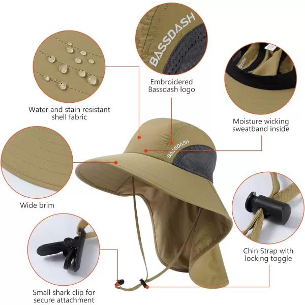 BASSDASH UPF 50 Unisex Water Resistant Wide Brim Sun Hat with Large Neck Flap Ponytail Fishing Hat for Men WomenDark Khaki