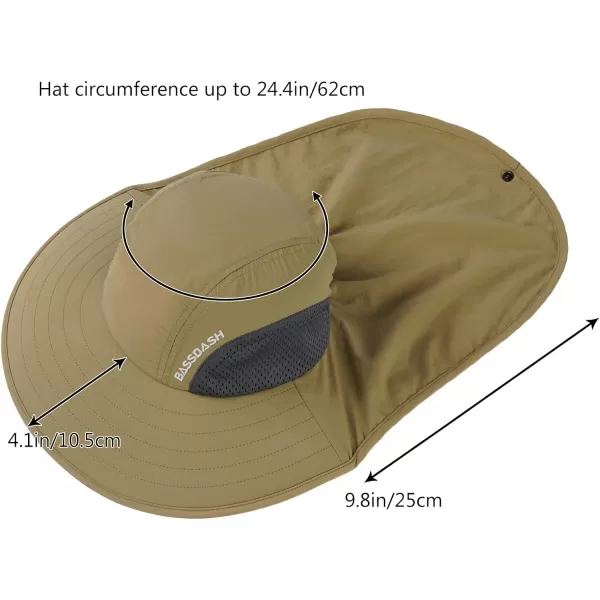 BASSDASH UPF 50 Unisex Water Resistant Wide Brim Sun Hat with Large Neck Flap Ponytail Fishing Hat for Men WomenDark Khaki