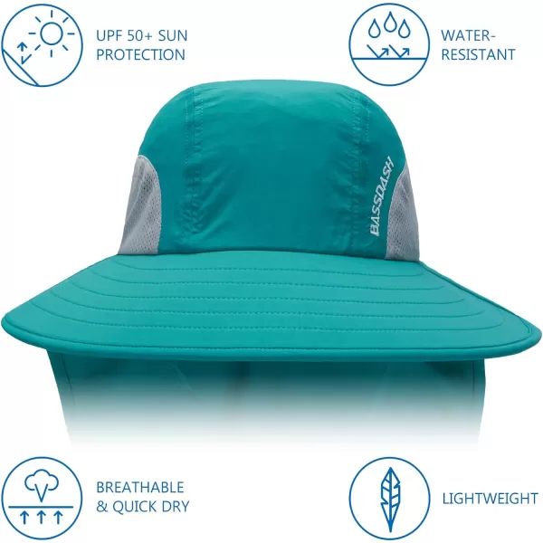 BASSDASH UPF 50 Unisex Water Resistant Wide Brim Sun Hat with Large Neck Flap Ponytail Fishing Hat for Men WomenLake Green