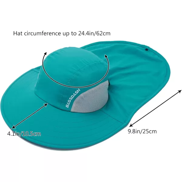 BASSDASH UPF 50 Unisex Water Resistant Wide Brim Sun Hat with Large Neck Flap Ponytail Fishing Hat for Men WomenLake Green