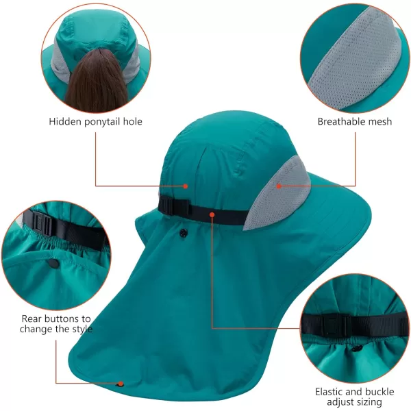 BASSDASH UPF 50 Unisex Water Resistant Wide Brim Sun Hat with Large Neck Flap Ponytail Fishing Hat for Men WomenLake Green