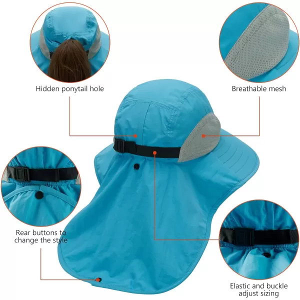 BASSDASH UPF 50 Unisex Water Resistant Wide Brim Sun Hat with Large Neck Flap Ponytail Fishing Hat for Men WomenLight Blue