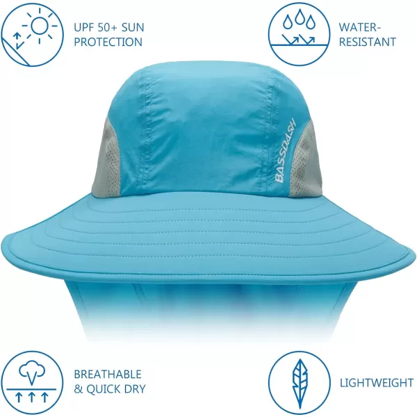 BASSDASH UPF 50 Unisex Water Resistant Wide Brim Sun Hat with Large Neck Flap Ponytail Fishing Hat for Men WomenLight Blue