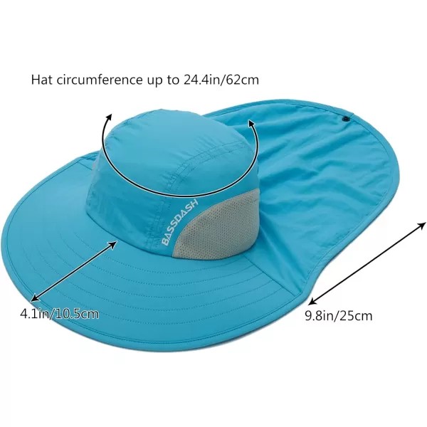 BASSDASH UPF 50 Unisex Water Resistant Wide Brim Sun Hat with Large Neck Flap Ponytail Fishing Hat for Men WomenLight Blue