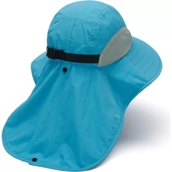 BASSDASH UPF 50 Unisex Water Resistant Wide Brim Sun Hat with Large Neck Flap Ponytail Fishing Hat for Men WomenLight Blue