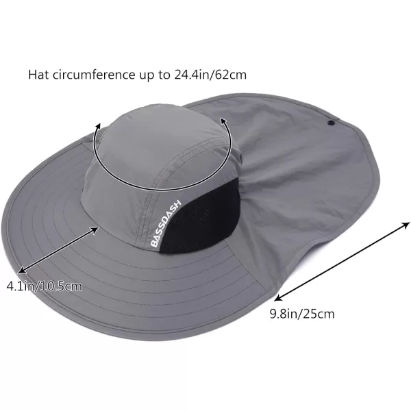 BASSDASH UPF 50 Unisex Water Resistant Wide Brim Sun Hat with Large Neck Flap Ponytail Fishing Hat for Men WomenLight Grey