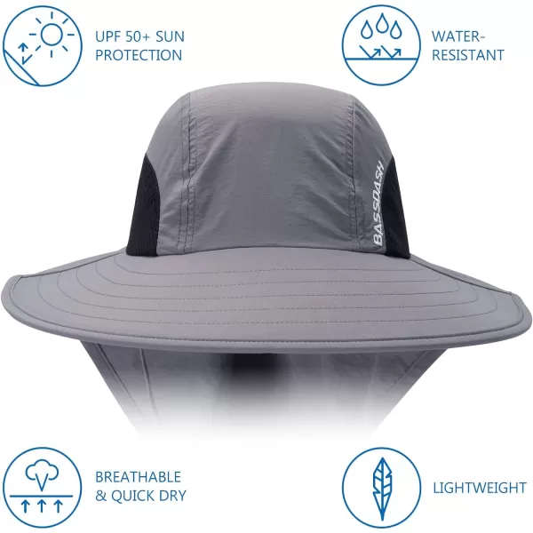 BASSDASH UPF 50 Unisex Water Resistant Wide Brim Sun Hat with Large Neck Flap Ponytail Fishing Hat for Men WomenLight Grey