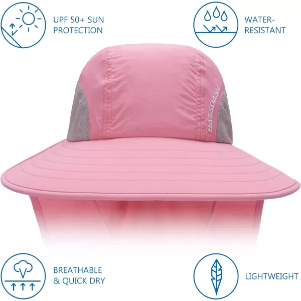 BASSDASH UPF 50 Unisex Water Resistant Wide Brim Sun Hat with Large Neck Flap Ponytail Fishing Hat for Men WomenPink