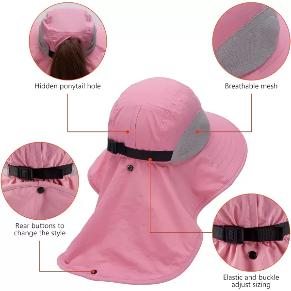 BASSDASH UPF 50 Unisex Water Resistant Wide Brim Sun Hat with Large Neck Flap Ponytail Fishing Hat for Men WomenPink