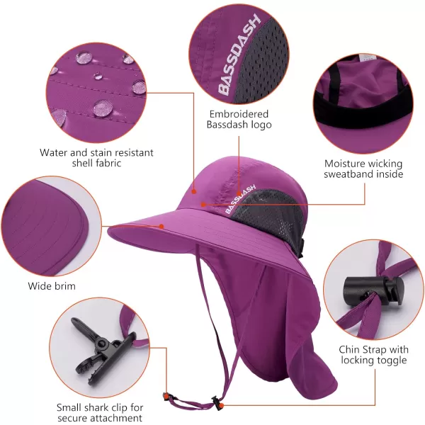 BASSDASH UPF 50 Unisex Water Resistant Wide Brim Sun Hat with Large Neck Flap Ponytail Fishing Hat for Men WomenPurple Orchid