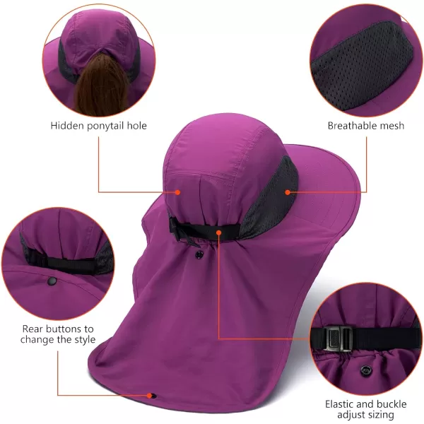 BASSDASH UPF 50 Unisex Water Resistant Wide Brim Sun Hat with Large Neck Flap Ponytail Fishing Hat for Men WomenPurple Orchid