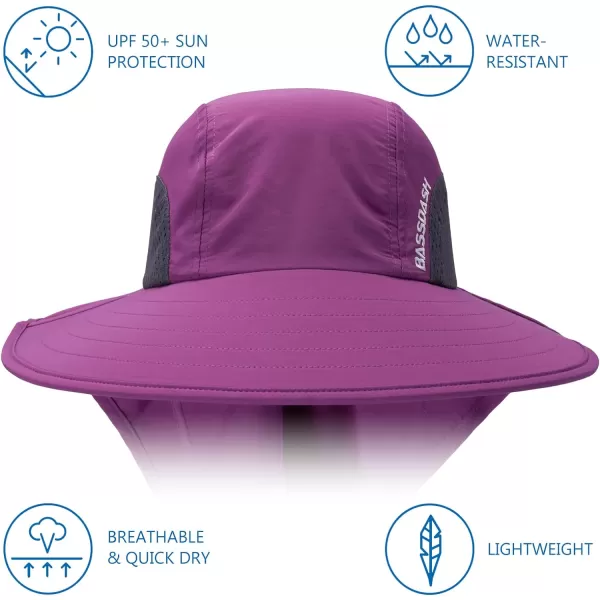 BASSDASH UPF 50 Unisex Water Resistant Wide Brim Sun Hat with Large Neck Flap Ponytail Fishing Hat for Men WomenPurple Orchid