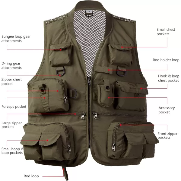 BASSDASH Versatile Mens Womens Fishing Photography Vest with Mesh Back 6 SizesArmy Green