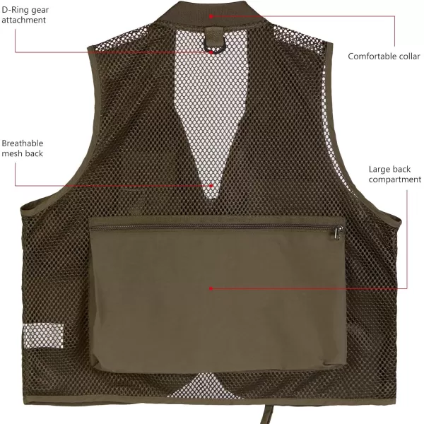 BASSDASH Versatile Mens Womens Fishing Photography Vest with Mesh Back 6 SizesArmy Green