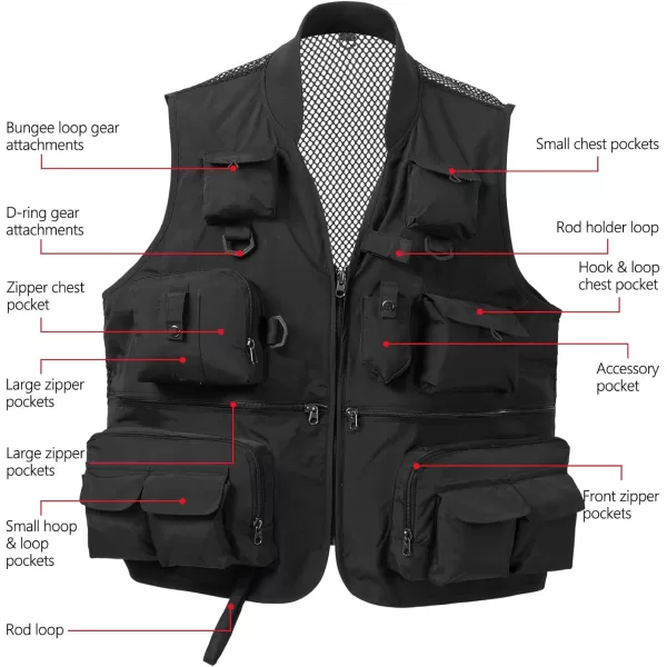 BASSDASH Versatile Mens Womens Fishing Photography Vest with Mesh Back 6 SizesBlack