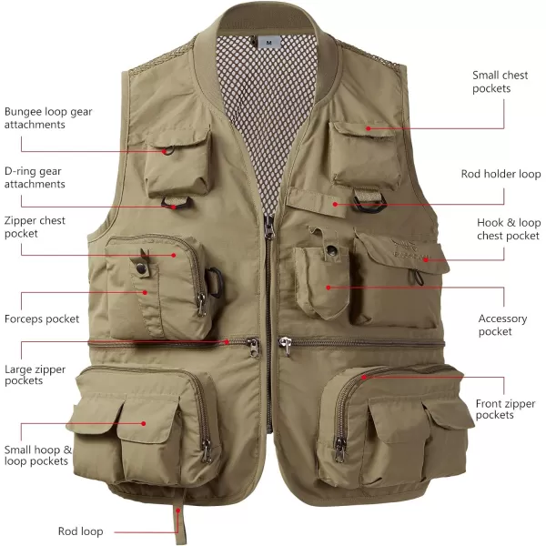BASSDASH Versatile Mens Womens Fishing Photography Vest with Mesh Back 6 SizesKhaki