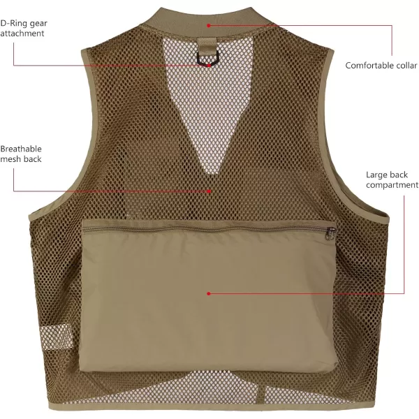 BASSDASH Versatile Mens Womens Fishing Photography Vest with Mesh Back 6 SizesKhaki