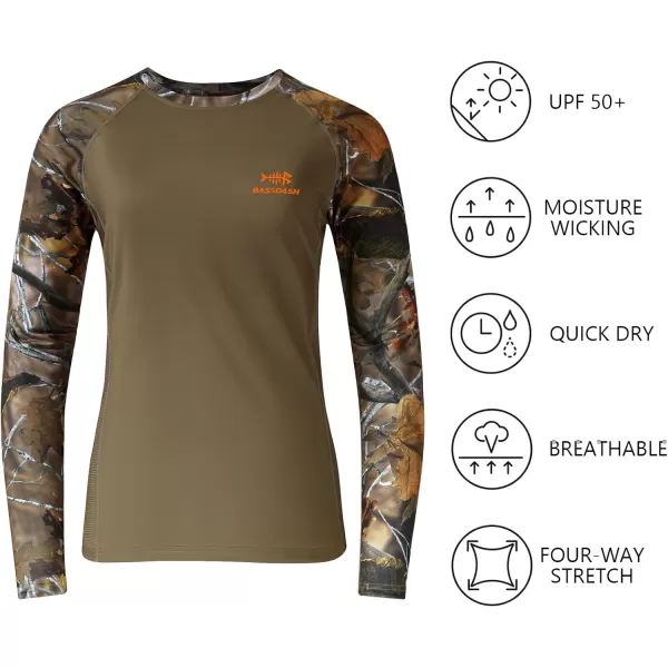 BASSDASH Womens Camo Hunting Shirt Long Sleeve UPF 50 Sun Protection Performance Tee Fishing HikingBrownAutumn Forest