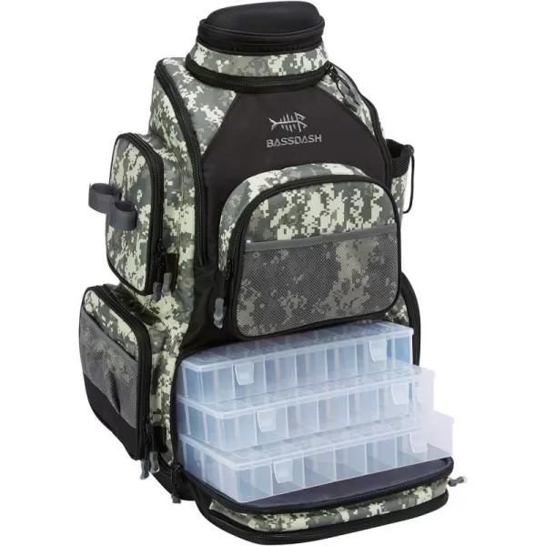 BASSDASH Fishing Tackle Backpack Water Resistant Lightweight Tactical Bag Soft Tackle Box with Rod Holder and Protective Rain CoverJungle Camo Backpack 3670 With 4 Trays