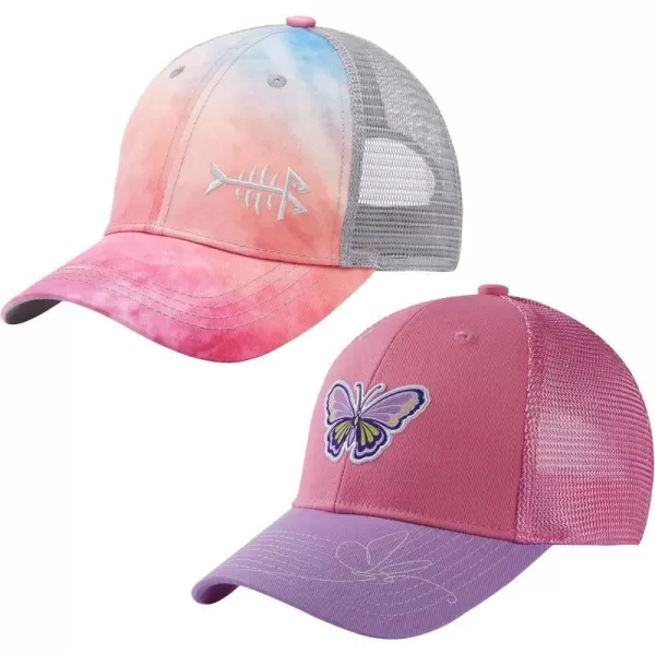 BASSDASH Kids Youth Fishing Sun Hat Mesh Back Adjustable Baseball Trucker Cap for Boys Girls Toddler 2 PackRosy Clouds  Coral Pink and Purple