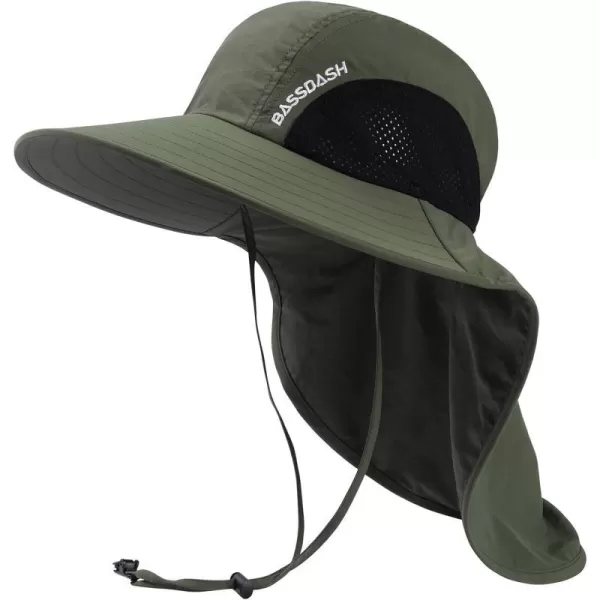 BASSDASH UPF 50 Unisex Water Resistant Wide Brim Sun Hat with Large Neck Flap Ponytail Fishing Hat for Men WomenArmy Green