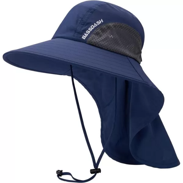 BASSDASH UPF 50 Unisex Water Resistant Wide Brim Sun Hat with Large Neck Flap Ponytail Fishing Hat for Men WomenDark Blue