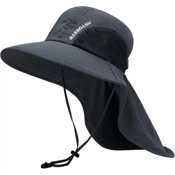 BASSDASH UPF 50 Unisex Water Resistant Wide Brim Sun Hat with Large Neck Flap Ponytail Fishing Hat for Men WomenDark Grey