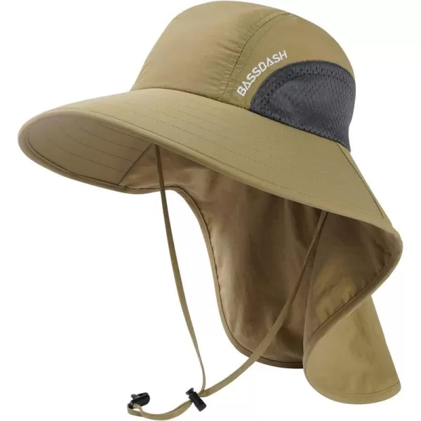 BASSDASH UPF 50 Unisex Water Resistant Wide Brim Sun Hat with Large Neck Flap Ponytail Fishing Hat for Men WomenDark Khaki