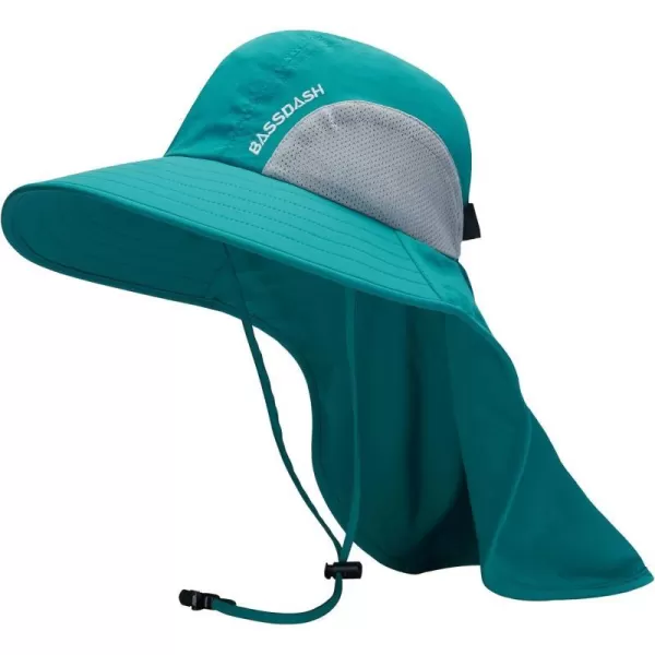 BASSDASH UPF 50 Unisex Water Resistant Wide Brim Sun Hat with Large Neck Flap Ponytail Fishing Hat for Men WomenLake Green