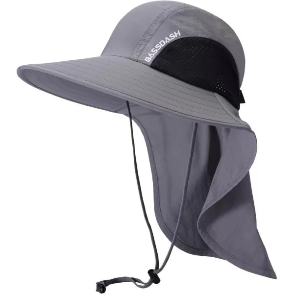 BASSDASH UPF 50 Unisex Water Resistant Wide Brim Sun Hat with Large Neck Flap Ponytail Fishing Hat for Men WomenLight Grey